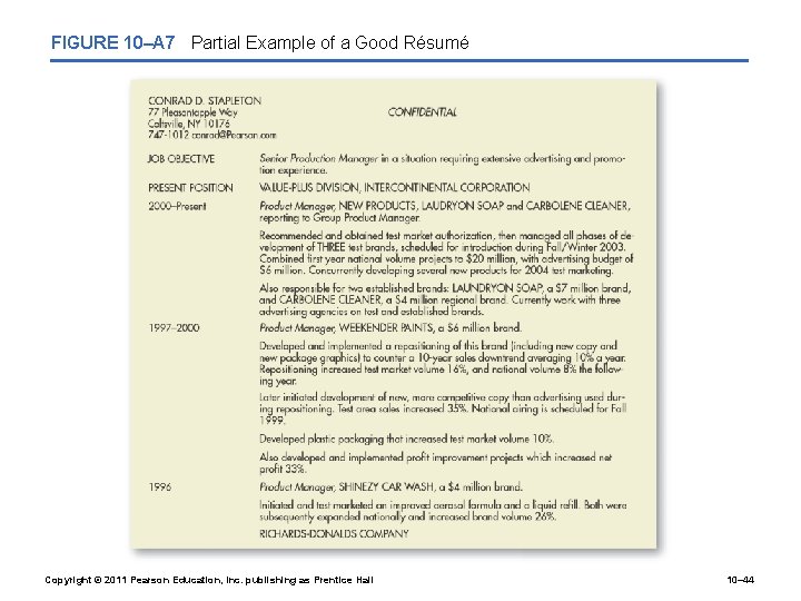 FIGURE 10–A 7 Partial Example of a Good Résumé Copyright © 2011 Pearson Education,