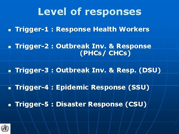 Level of responses n n Trigger-1 : Response Health Workers Trigger-2 : Outbreak Inv.