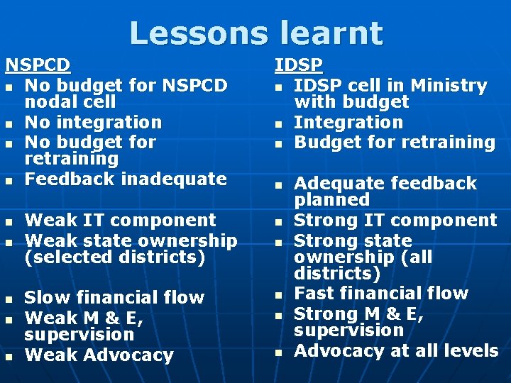 Lessons learnt NSPCD n No budget for NSPCD nodal cell n No integration n