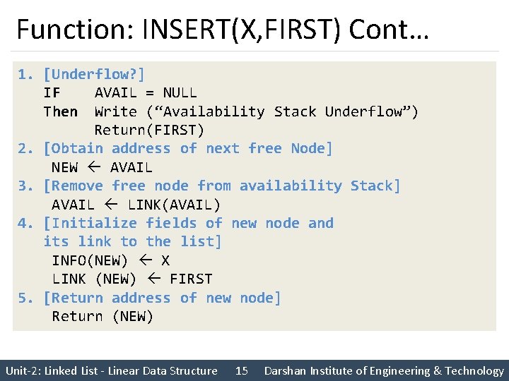 Function: INSERT(X, FIRST) Cont… 1. [Underflow? ] IF AVAIL = NULL Then Write (“Availability