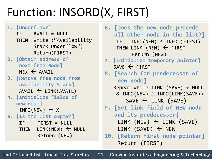 Function: INSORD(X, FIRST) 1. [Underflow? ] IF AVAIL = NULL THEN Write (“Availability Stack