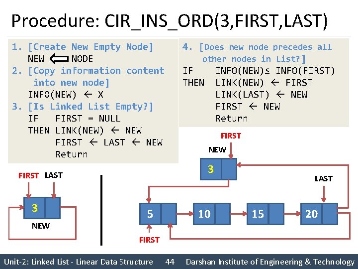 Procedure: CIR_INS_ORD(3, FIRST, LAST) 4. [Does new node precedes all other nodes in List?