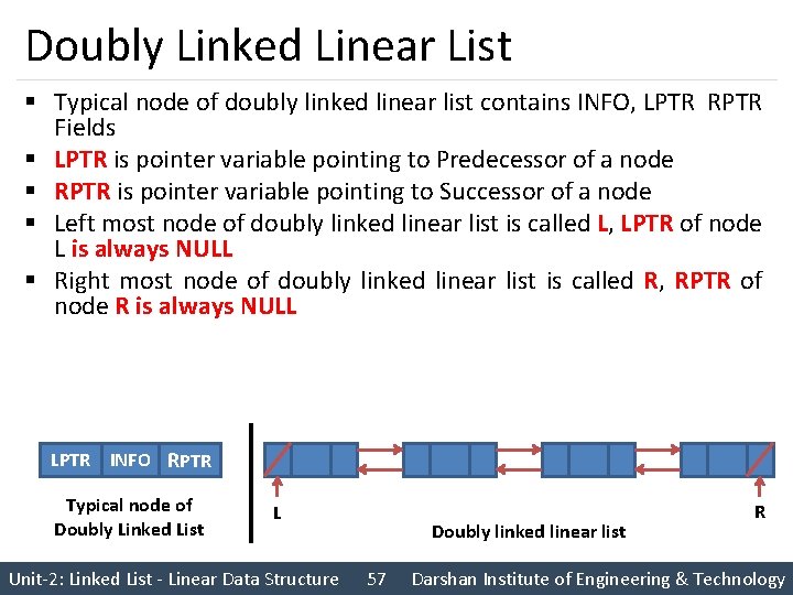 Doubly Linked Linear List § Typical node of doubly linked linear list contains INFO,