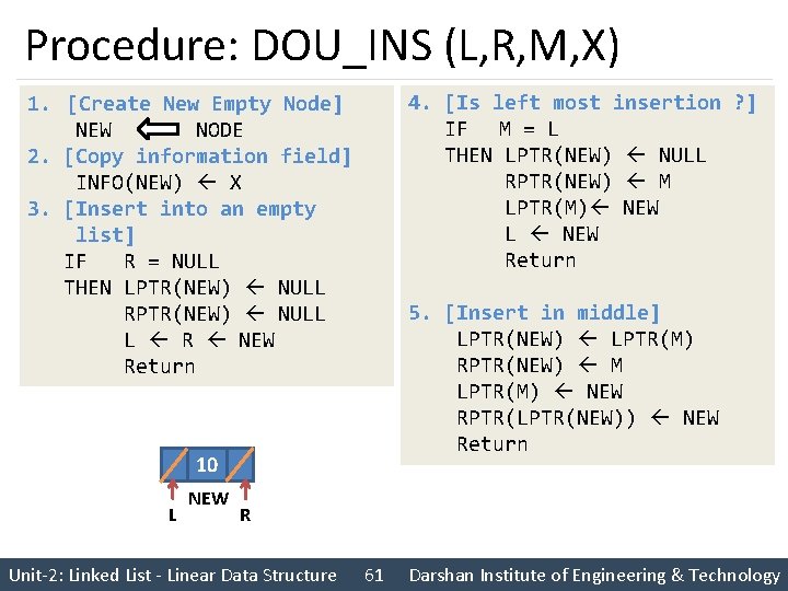 Procedure: DOU_INS (L, R, M, X) 4. [Is left most insertion ? ] IF