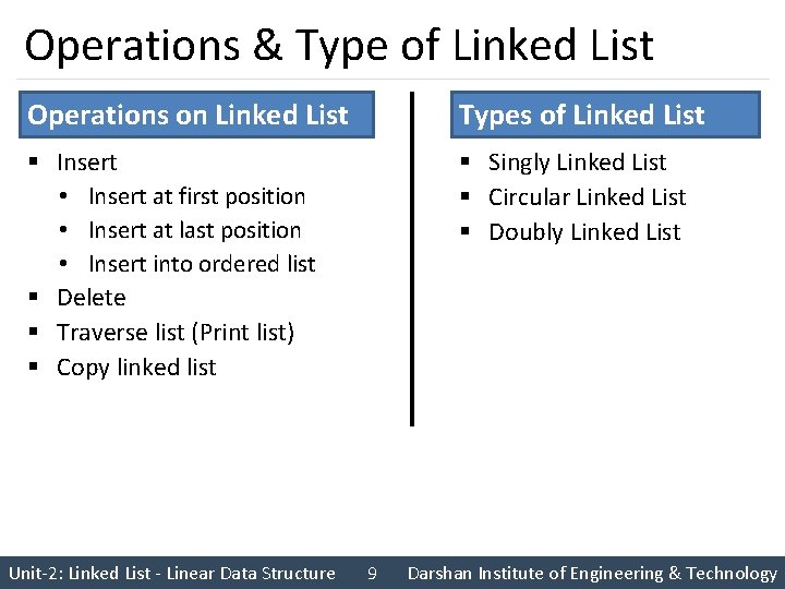 Operations & Type of Linked List Operations on Linked List Types of Linked List