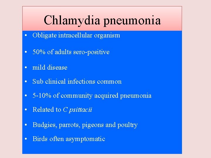 Chlamydia pneumonia • Obligate intracellular organism • 50% of adults sero-positive • mild disease