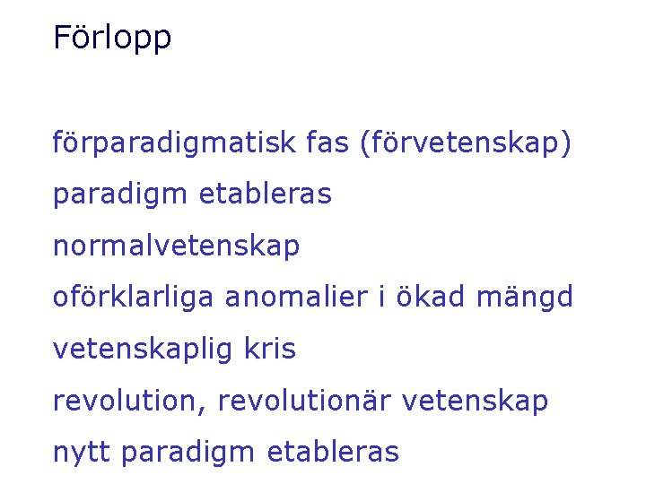 Förlopp förparadigmatisk fas (förvetenskap) paradigm etableras normalvetenskap oförklarliga anomalier i ökad mängd vetenskaplig kris