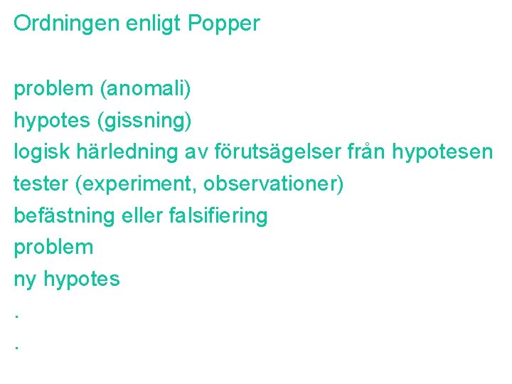 Ordningen enligt Popper problem (anomali) hypotes (gissning) logisk härledning av förutsägelser från hypotesen tester