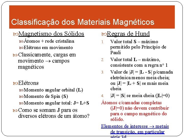 Classificação dos Materiais Magnéticos Magnetismo dos Sólidos Átomos + rede cristalina Elétrons em movimento