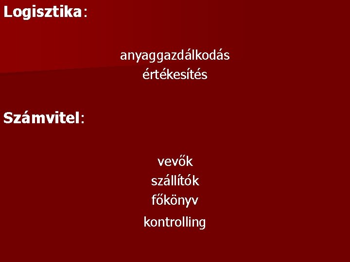 Logisztika: anyaggazdálkodás értékesítés Számvitel: vevők szállítók főkönyv kontrolling 