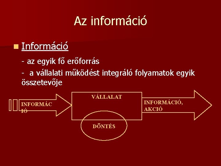 Az információ n Információ - az egyik fő erőforrás - a vállalati működést integráló