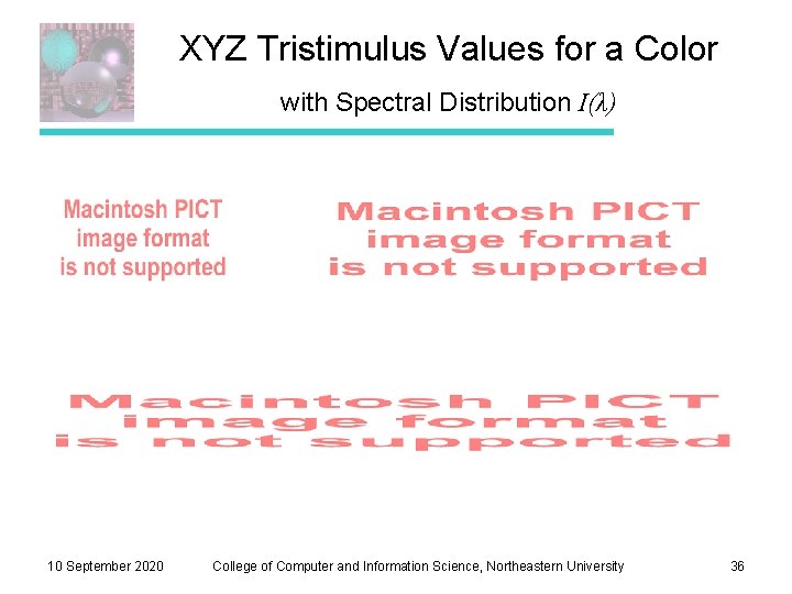 XYZ Tristimulus Values for a Color with Spectral Distribution I(λ) 10 September 2020 College