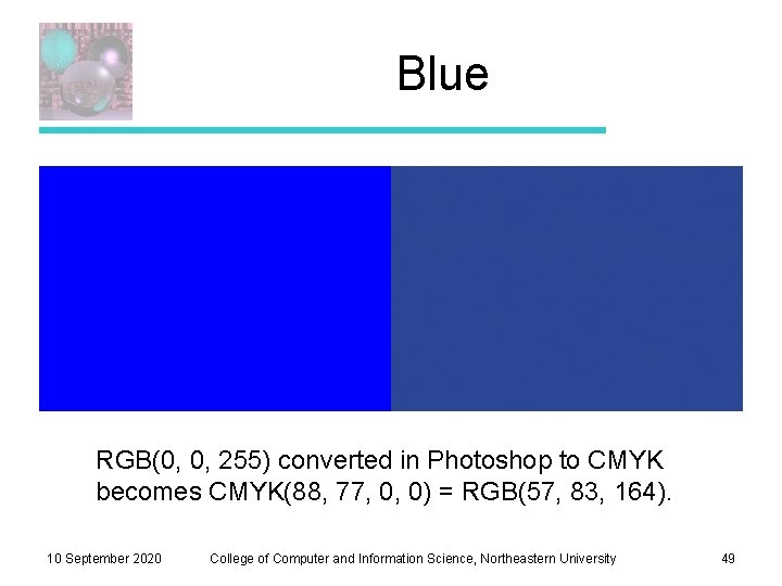 Blue RGB(0, 0, 255) converted in Photoshop to CMYK becomes CMYK(88, 77, 0, 0)