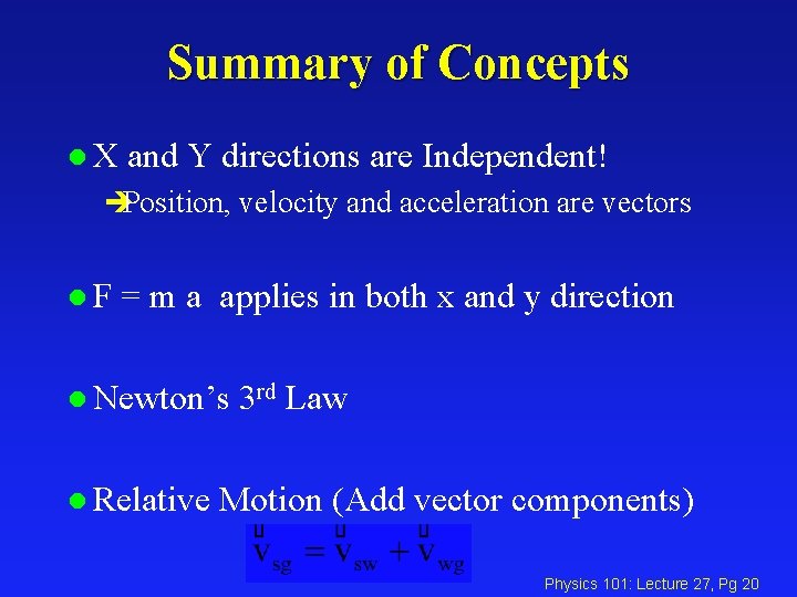 Summary of Concepts l. X and Y directions are Independent! èPosition, velocity and acceleration