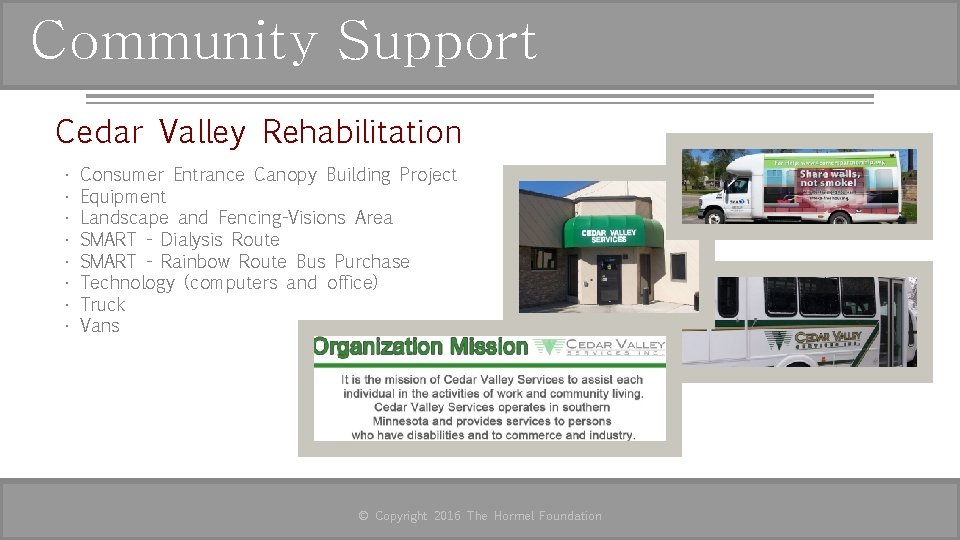 Community Support Cedar Valley Rehabilitation • • Consumer Entrance Canopy Building Project Equipment Landscape