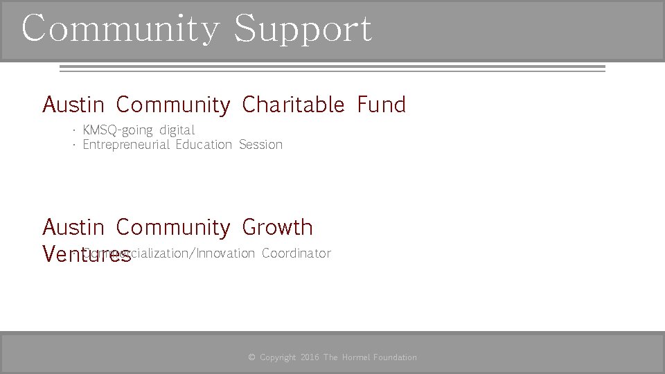 Community Support Austin Community Charitable Fund • KMSQ-going digital • Entrepreneurial Education Session Austin