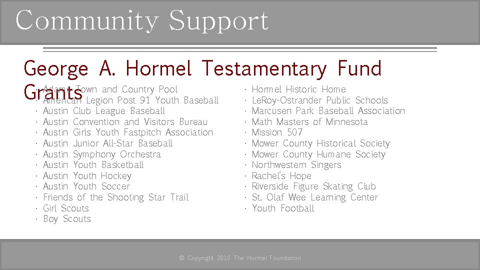 Community Support George A. Hormel Testamentary Fund • Adams Town and Country Pool •