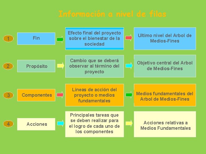 Información a nivel de filas 1 2 3 4 Fin Efecto final del proyecto