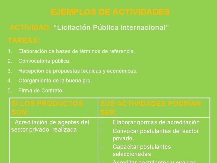 EJEMPLOS DE ACTIVIDADES ACTIVIDAD: “Licitación Pública Internacional” TAREAS: 1. Elaboración de bases de términos