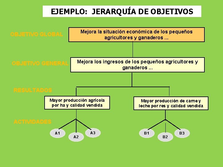 EJEMPLO: JERARQUÍA DE OBJETIVOS Mejora la situación económica de los pequeños agricultores y ganaderos.