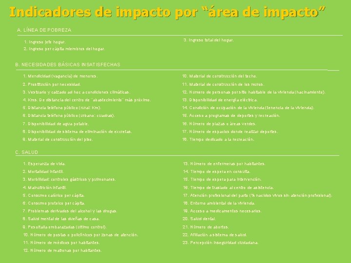 Indicadores de impacto por “área de impacto” A. LÍNEA DE POBREZA 1. Ingreso jefe