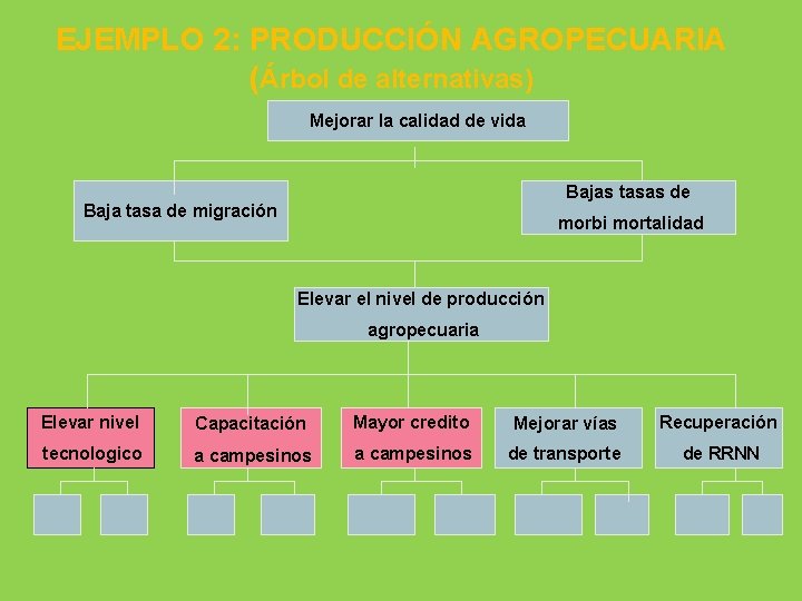 EJEMPLO 2: PRODUCCIÓN AGROPECUARIA (Árbol de alternativas) Mejorar la calidad de vida Bajas tasas