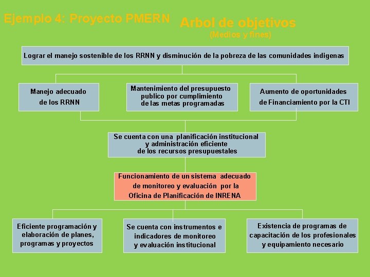 Ejemplo 4: Proyecto PMERN Arbol de objetivos (Medios y fines) Lograr el manejo sostenible