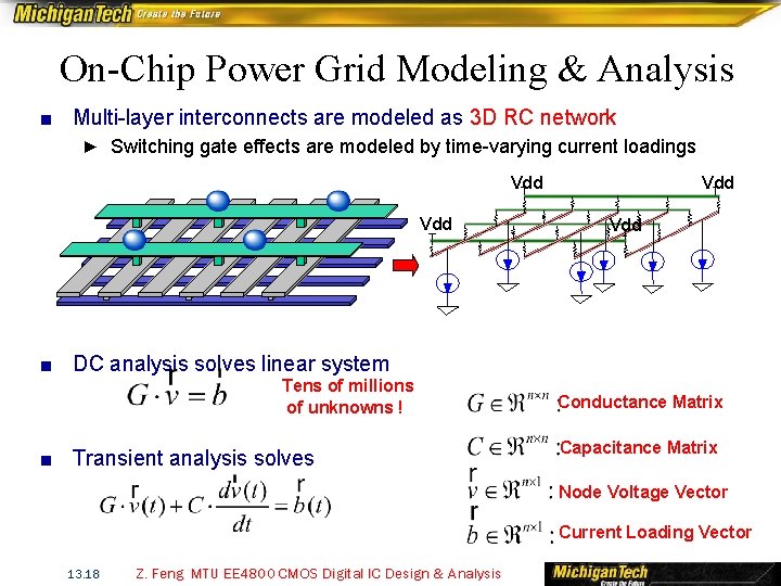 On-Chip Power Grid Modeling & Analysis ■ Multi-layer interconnects are modeled as 3 D