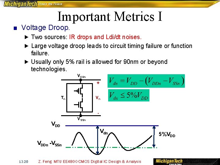 Important Metrics I ■ Voltage Droop. ► Two sources: IR drops and Ldi/dt noises.