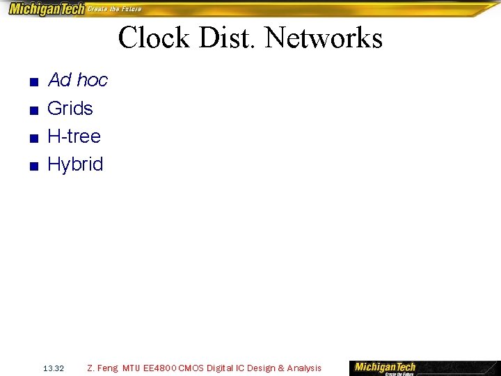 Clock Dist. Networks ■ ■ Ad hoc Grids H-tree Hybrid 13. 32 Z. Feng