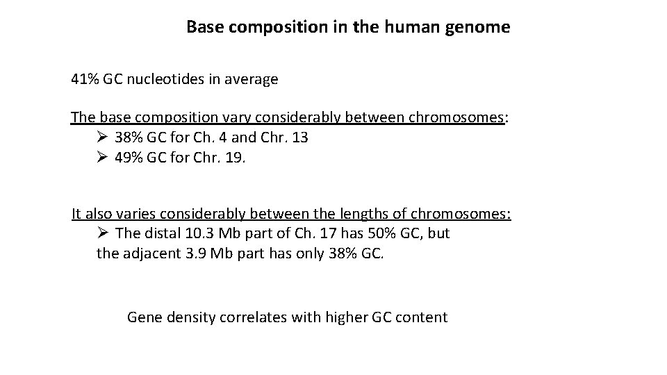 Base composition in the human genome 41% GC nucleotides in average The base composition
