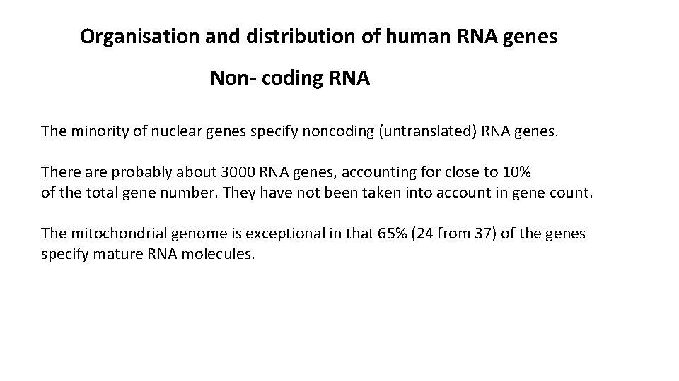 Organisation and distribution of human RNA genes Non- coding RNA The minority of nuclear