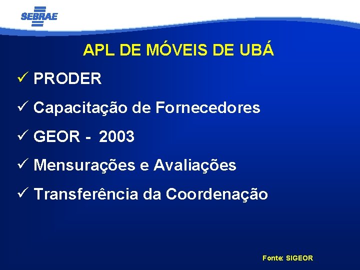 APL DE MÓVEIS DE UBÁ ü PRODER ü Capacitação de Fornecedores ü GEOR -