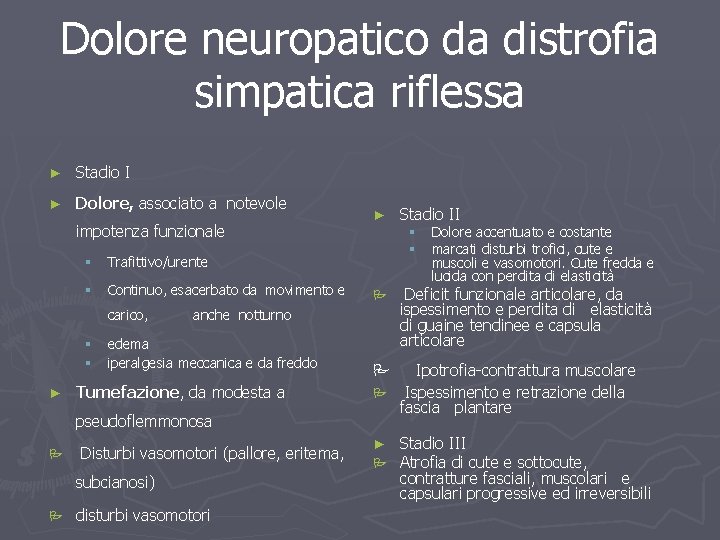 Dolore neuropatico da distrofia simpatica riflessa ► Stadio I ► Dolore, associato a notevole