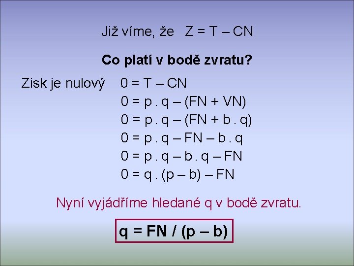 Již víme, že Z = T – CN Co platí v bodě zvratu? Zisk