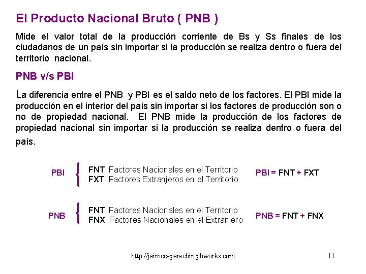 El Producto Nacional Bruto ( PNB ) Mide el valor total de la producción