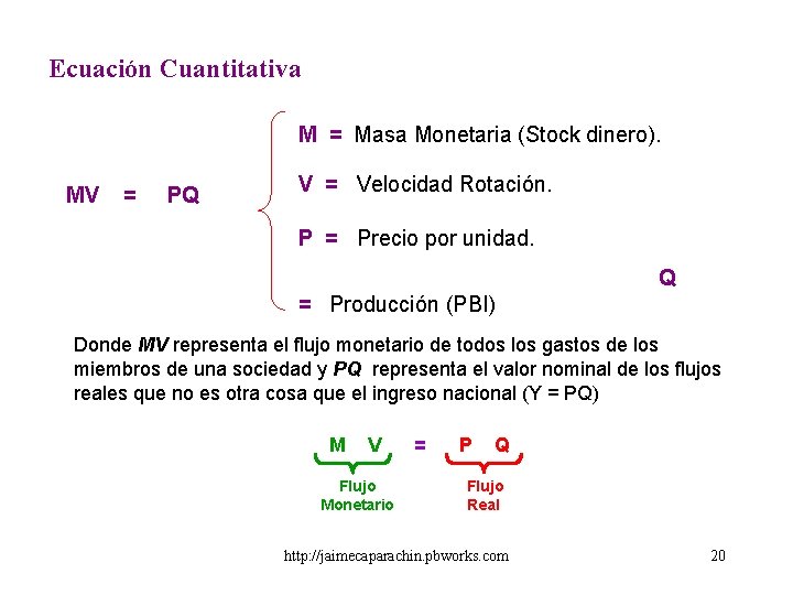 Ecuación Cuantitativa M = Masa Monetaria (Stock dinero). MV = PQ V = Velocidad