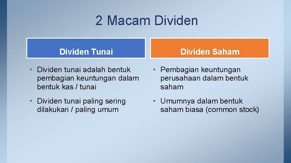 2 Macam Dividen Tunai Dividen Saham • Dividen tunai adalah bentuk pembagian keuntungan dalam