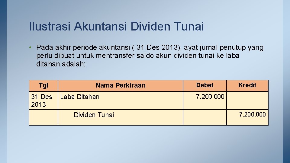 Ilustrasi Akuntansi Dividen Tunai • Pada akhir periode akuntansi ( 31 Des 2013), ayat