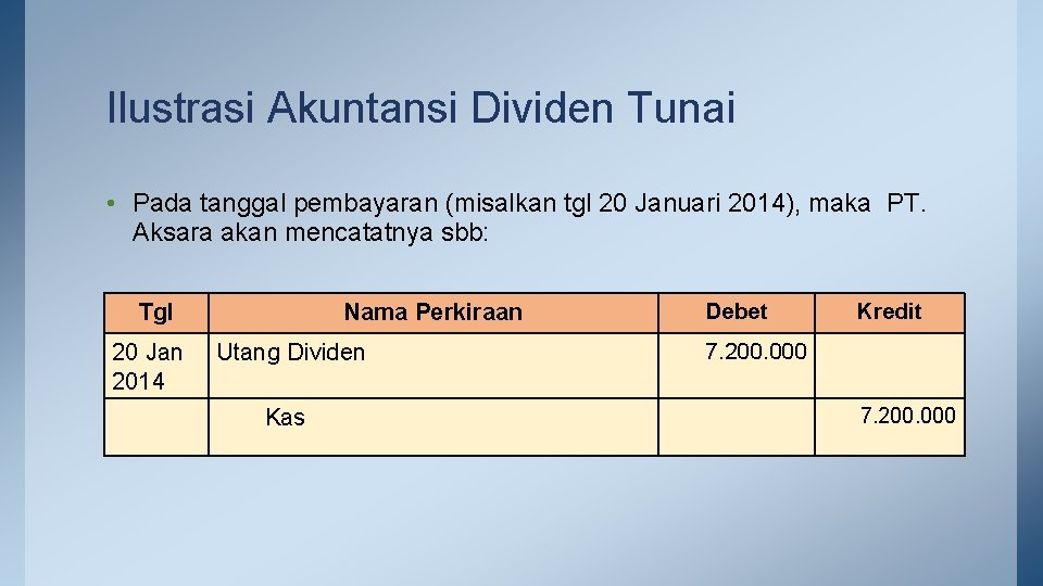 Ilustrasi Akuntansi Dividen Tunai • Pada tanggal pembayaran (misalkan tgl 20 Januari 2014), maka