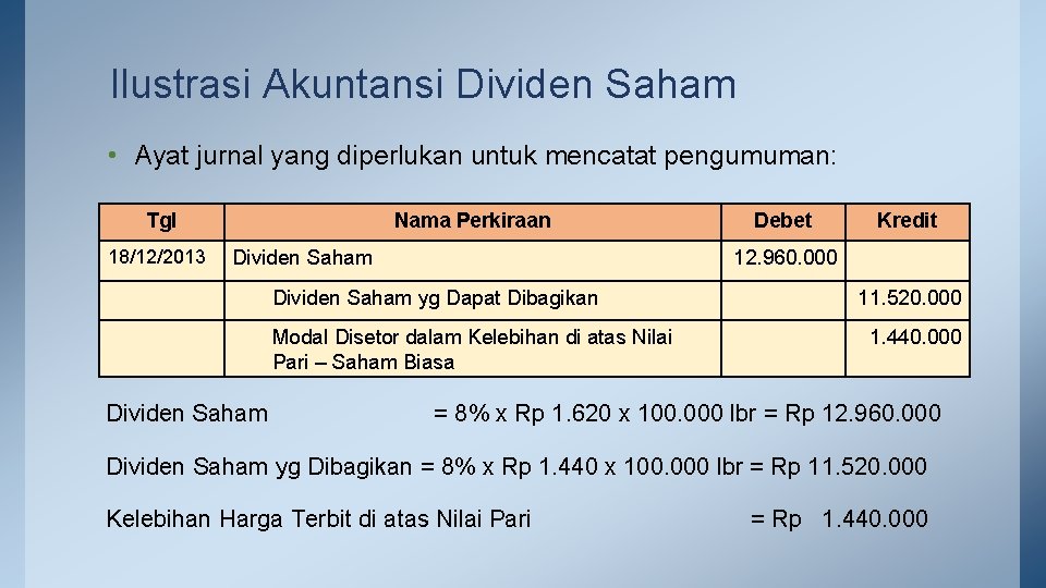 Ilustrasi Akuntansi Dividen Saham • Ayat jurnal yang diperlukan untuk mencatat pengumuman: Tgl 18/12/2013