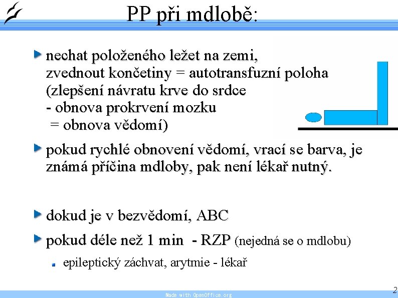 PP při mdlobě: nechat položeného ležet na zemi, zvednout končetiny = autotransfuzní poloha (zlepšení