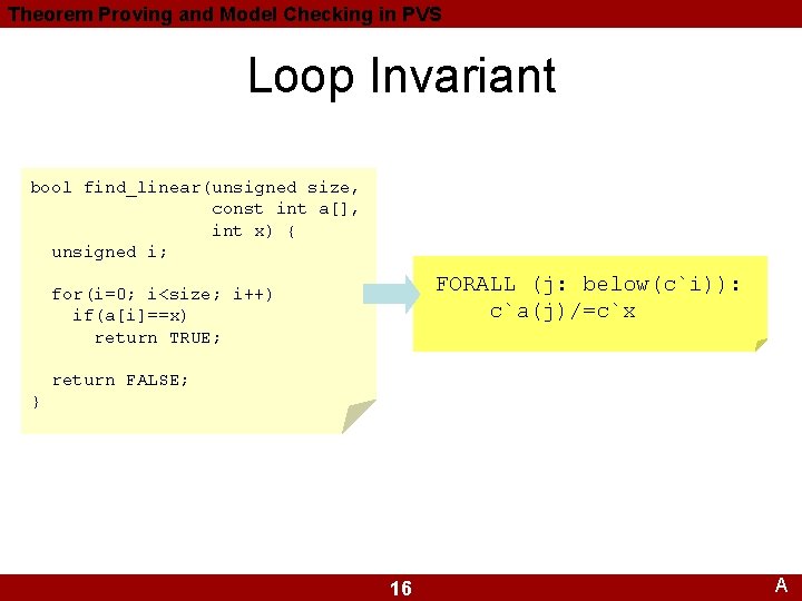 Theorem Proving and Model Checking in PVS Loop Invariant bool find_linear(unsigned size, const int Theorem Proving and Model Checking in PVS Loop Invariant bool find_linear(unsigned size, const int