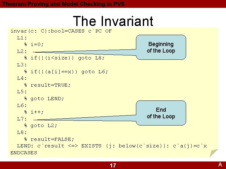 Theorem Proving and Model Checking in PVS The Invariant invar(c: C): bool=CASES c`PC OF Theorem Proving and Model Checking in PVS The Invariant invar(c: C): bool=CASES c`PC OF