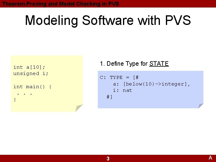 Theorem Proving and Model Checking in PVS Modeling Software with PVS int a[10]; unsigned