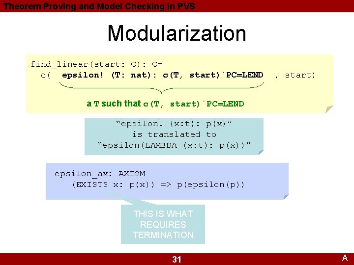 Theorem Proving and Model Checking in PVS Modularization find_linear(start: C): C= c( epsilon! (T: Theorem Proving and Model Checking in PVS Modularization find_linear(start: C): C= c( epsilon! (T: