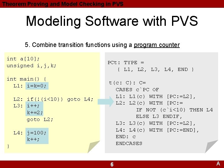 Theorem Proving and Model Checking in PVS Modeling Software with PVS 5. Combine transition Theorem Proving and Model Checking in PVS Modeling Software with PVS 5. Combine transition