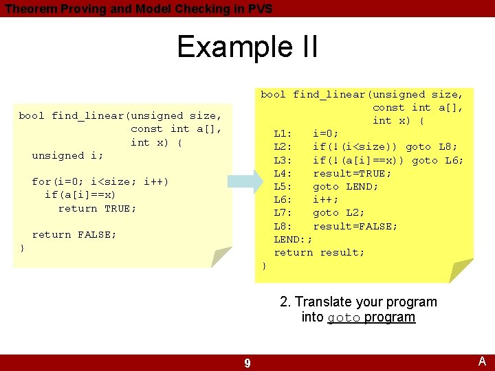 Theorem Proving and Model Checking in PVS Example II bool find_linear(unsigned size, const int Theorem Proving and Model Checking in PVS Example II bool find_linear(unsigned size, const int