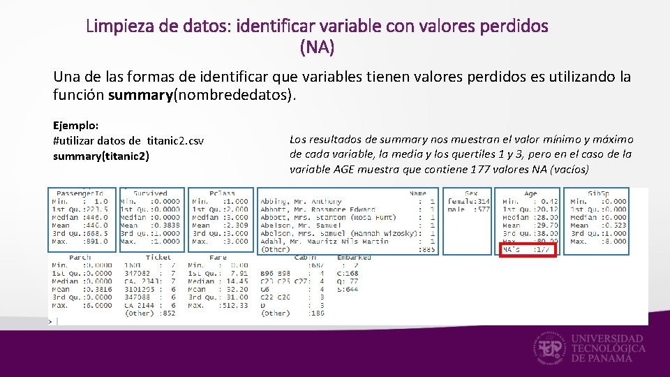 Limpieza de datos: identificar variable con valores perdidos (NA) Una de las formas de