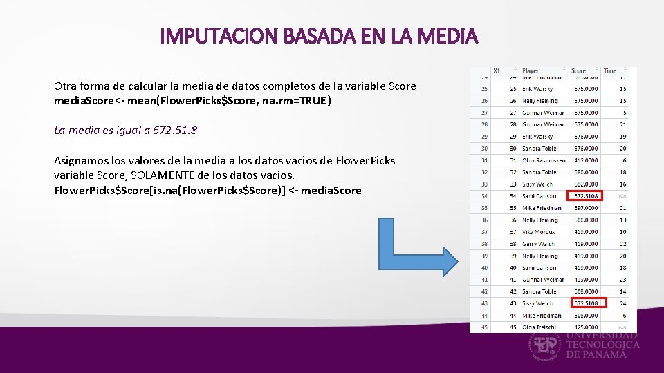 IMPUTACION BASADA EN LA MEDIA Otra forma de calcular la media de datos completos